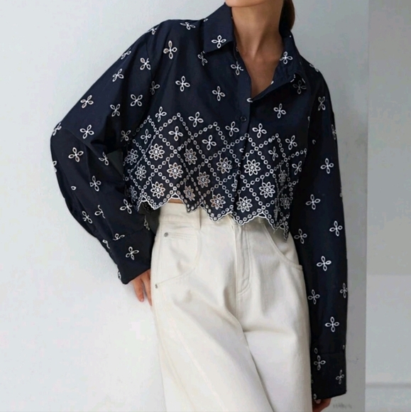 Commuting FashionVersatile Contrast Color Embroidered Short-Sleeve Cropped Shirt - Picture 1 of 4